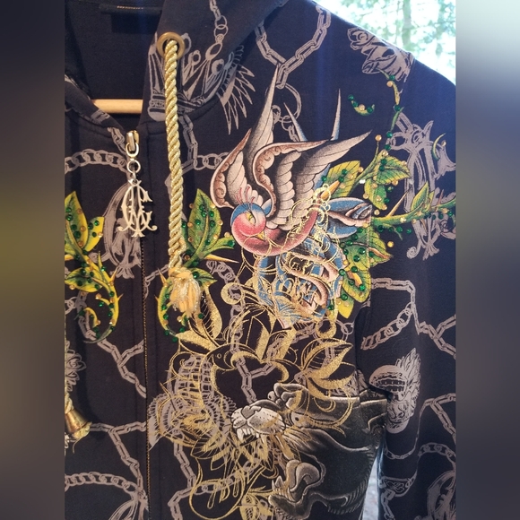 Small Christian Audigier Hoodie zip up Sweatshirt top Ladies Panther Black Gold - Picture 3 of 16